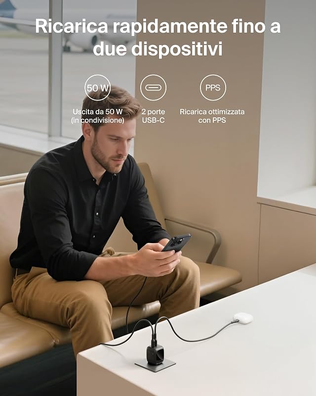 Caricatore USB C a 2 Porte 50W, Carica Batterie Cellulare USBC GaN a 2 Porte, Ricarica Rapida per MacBook, iPhone 17, iPad Pro, Chromebook, Galaxy S25 Ultra, Pixel 10, Gadget da Viaggio - Nero