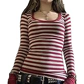 Women Y2k Long Sleeve Striped Tee Vintage Aesthetic Crewneck Slim Fitted T Shirt Casual Fall Going Out Top Streetwear