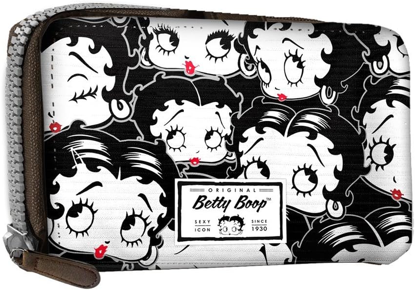 Betty BOOP Noir - Women's Wallet with Wrist Handle - Zip Lock and Metallic Button - Color Black