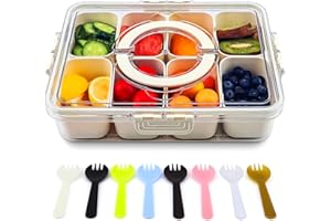CEOJPA Divided Serving Tray with Lid and Handle, Portable Snackle Box Charcuterie Container with 8 Compartments & 8 Forks, Snack Container for Party, Fruit, Nuts, Candy, Entertaining, Picnic, 1 Pack