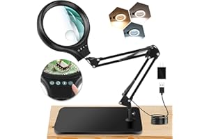 NZQXJXZ 10X 30X Large Magnifying Glass with Light and Stand, 5-inch LED Lighted Magnifier, 3 Color Modes Stepless Dimmable, Hands-Free Magnifying Glass Desk Lamp for Reading Craft Hobby Close Work