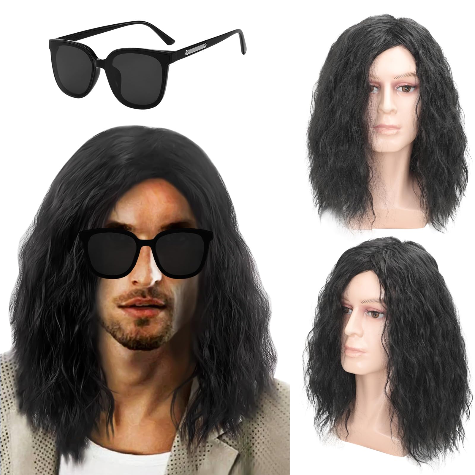 TSHAOUN Mens long Black Wig, 16 Inch/40 cm Mid Length Mens Curly Hair Wig for Adult, Pop Rocking Dude Wigs and Sunglasses, 70s 80s Men’s Fancy Dress Party Wigs for Costume Cosplay Halloween (Black)