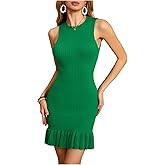 MakeMeChic Women's 2025 Summer Dress Casual Crochet Ribbed Knit Ruffle Hem Sleeveless Bodycon Tank Mini Dresses
