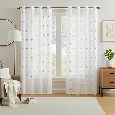 Deconovo Eyelet Faux Linen Net Curtains Embroidery Star Voile 55 x 114 Blue