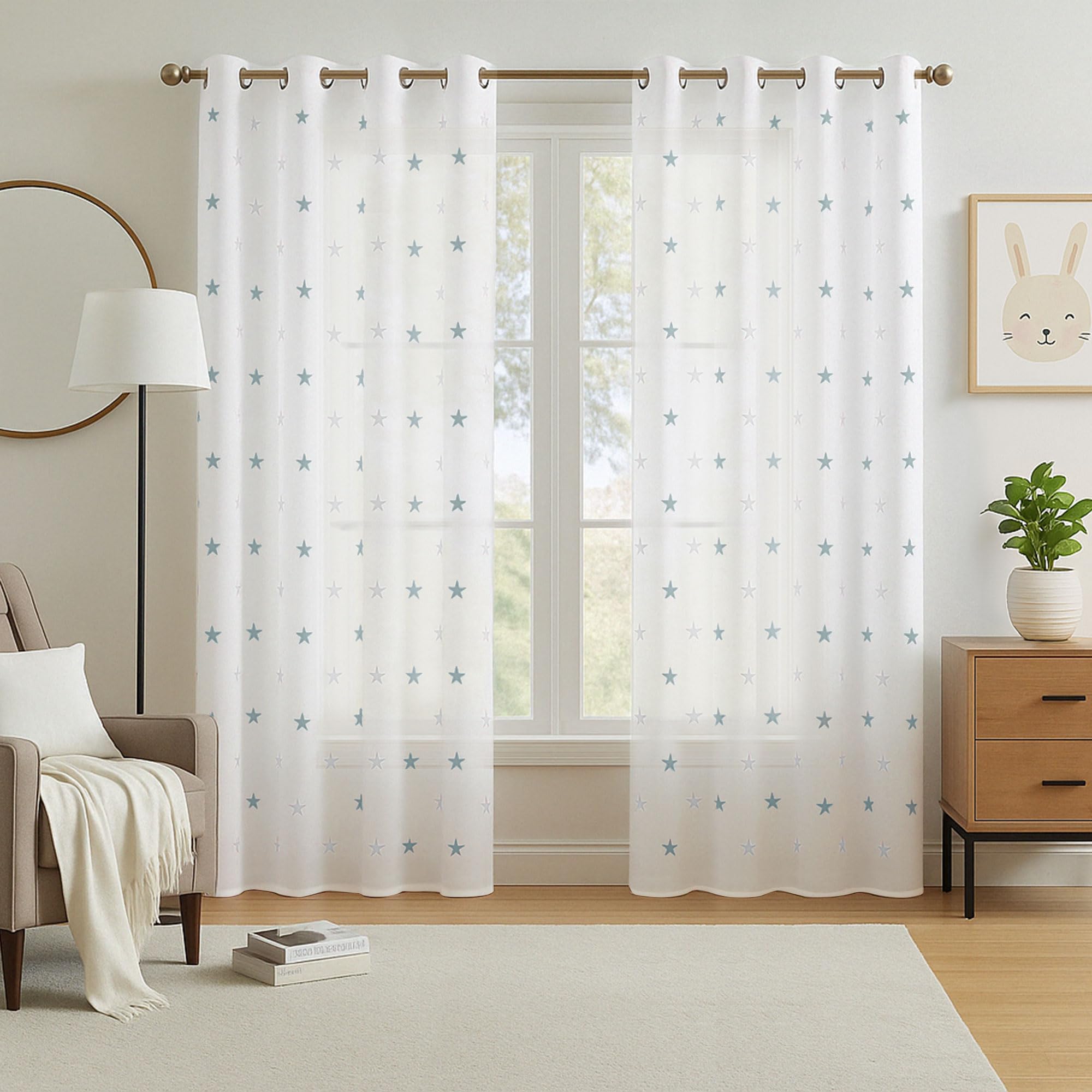 Deconovo Eyelet Faux Linen Net Curtains Embroidery Star Voile Curtains Super Soft Semi Sheer Curtains 55 x 114 Drop Inch Blue 1 Pair