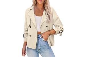 AGSEEM Womens Cropped Trench Coat Casual Double Breasted Long Sleeve Lapel Short Jackets with Pockets Fashion Outerwear 2025