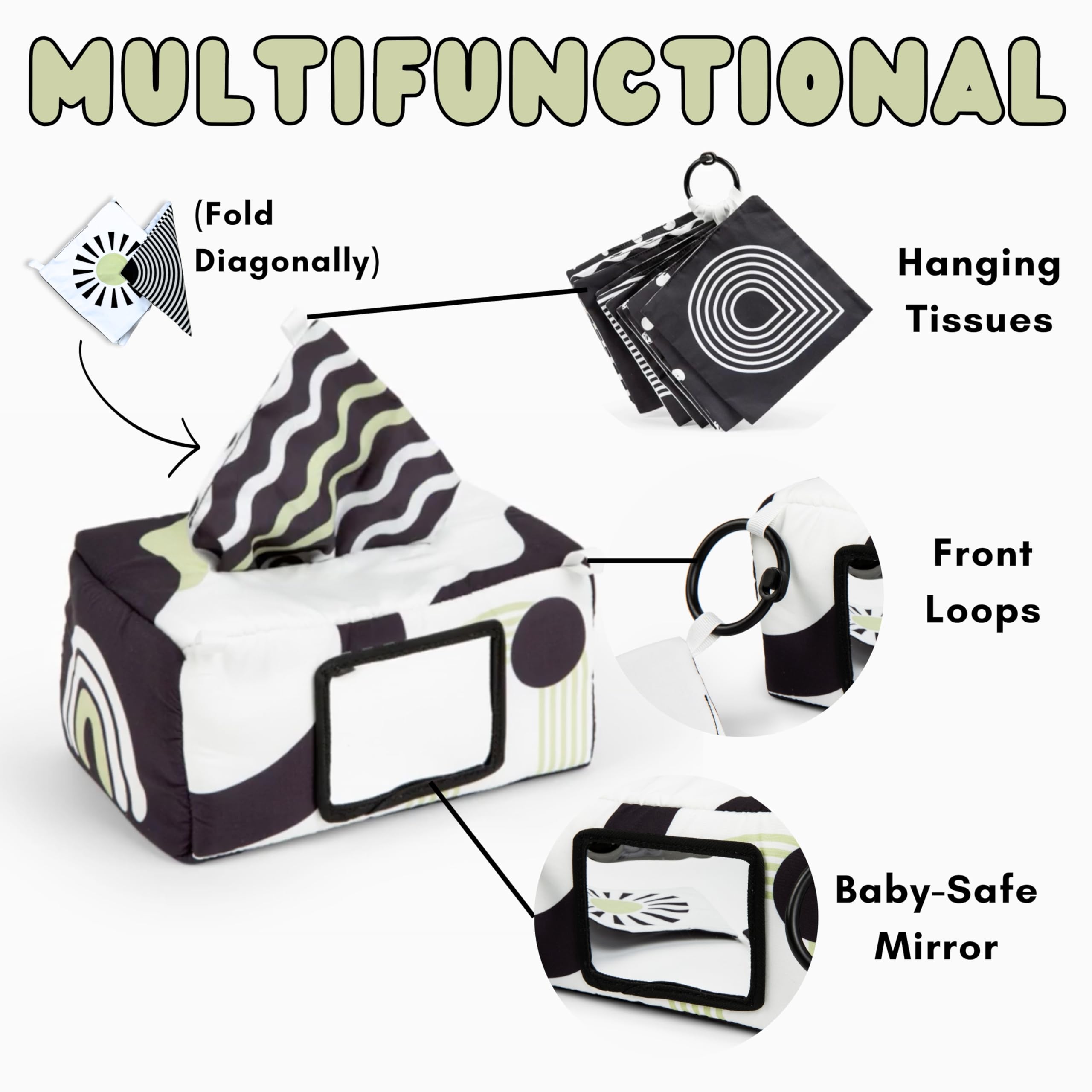 REMZO Baby Tissue Box Toy 3-in-1 w/ 10 Hanging Baby Crinkle Paper and Tummy Time Mirror - High Contrast Baby Toys for Newborn - Sensory Montessori Magic Tissue Box - Crinkle Books for Babies