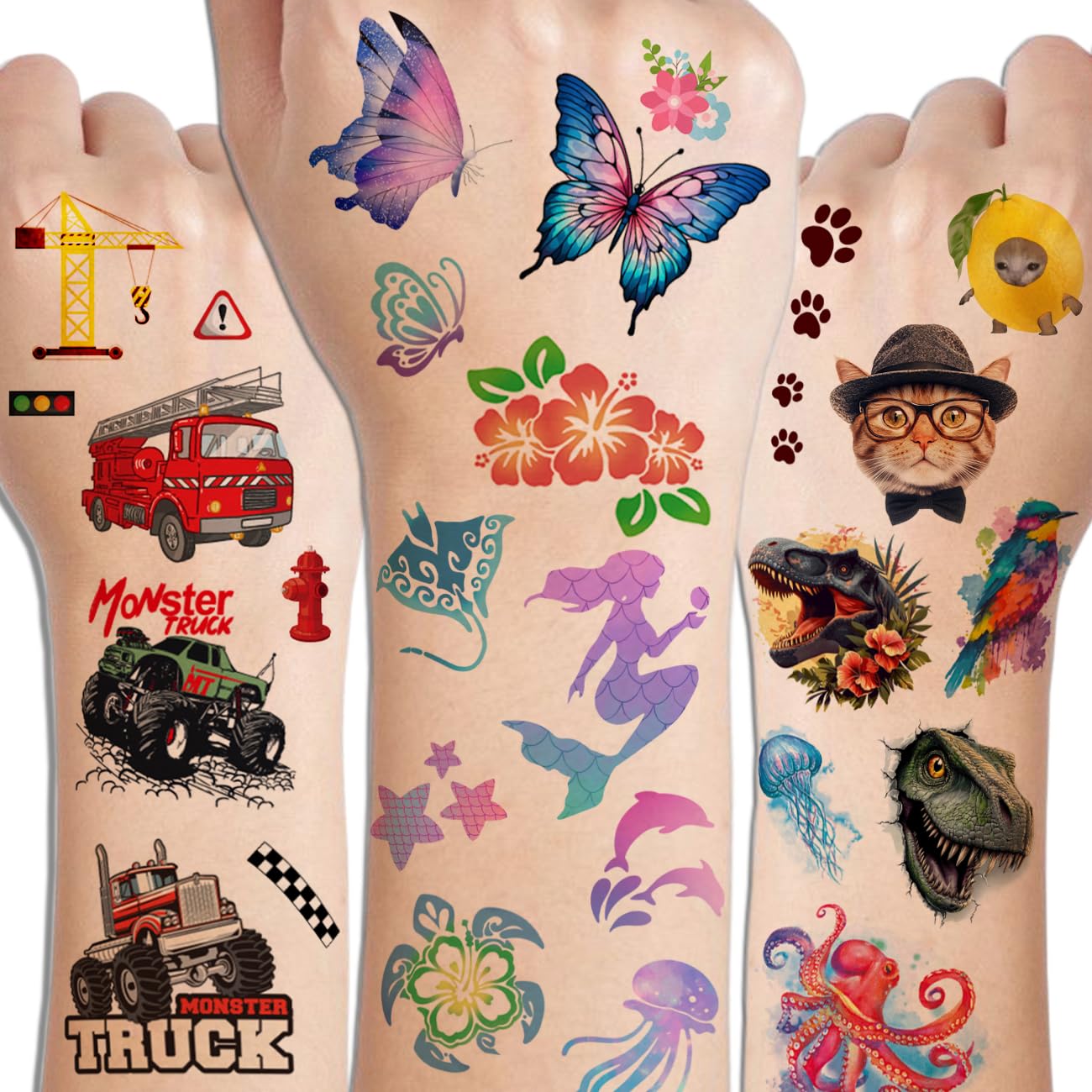 CHARLENT Temporary Tattoos for Kids - 320 Mixed Styles (36 Sheets) Tattoo Stickers Set for Boys and Girls, Car Dinosaur Hawaii Mermaid Watercolor Animals Tattoos for Kids Birthday Party Supplies
