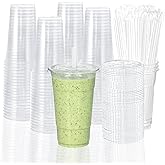 TashiBox 100 sets 24 oz plastic cups with flat lids and straws, smoothie cups with lids and straws, meal prep plastic large cups