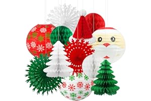 MEIDUO Christmas Honeycomb Paper Lantern Decoration Set, Hanging X-mas Party Supplies Including Christmas Hat, Trees Honeycomb Balls Lanterns, Paper Fans for Holiday XMAS Party Decor