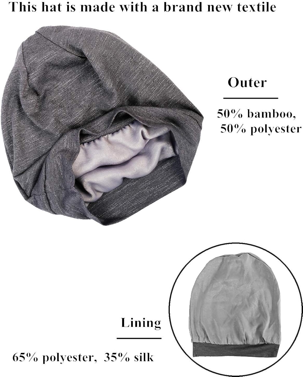 Slap Night Cap Sleep Hat Beanie - Dark Grey Women Organic Bamboo Satin Silk Lined Bonnet Surgical Cap Summer Scarf Hair Cover for Lady Lightweight Light Thin Jersey Chemo, Gifts for Women: Clothing