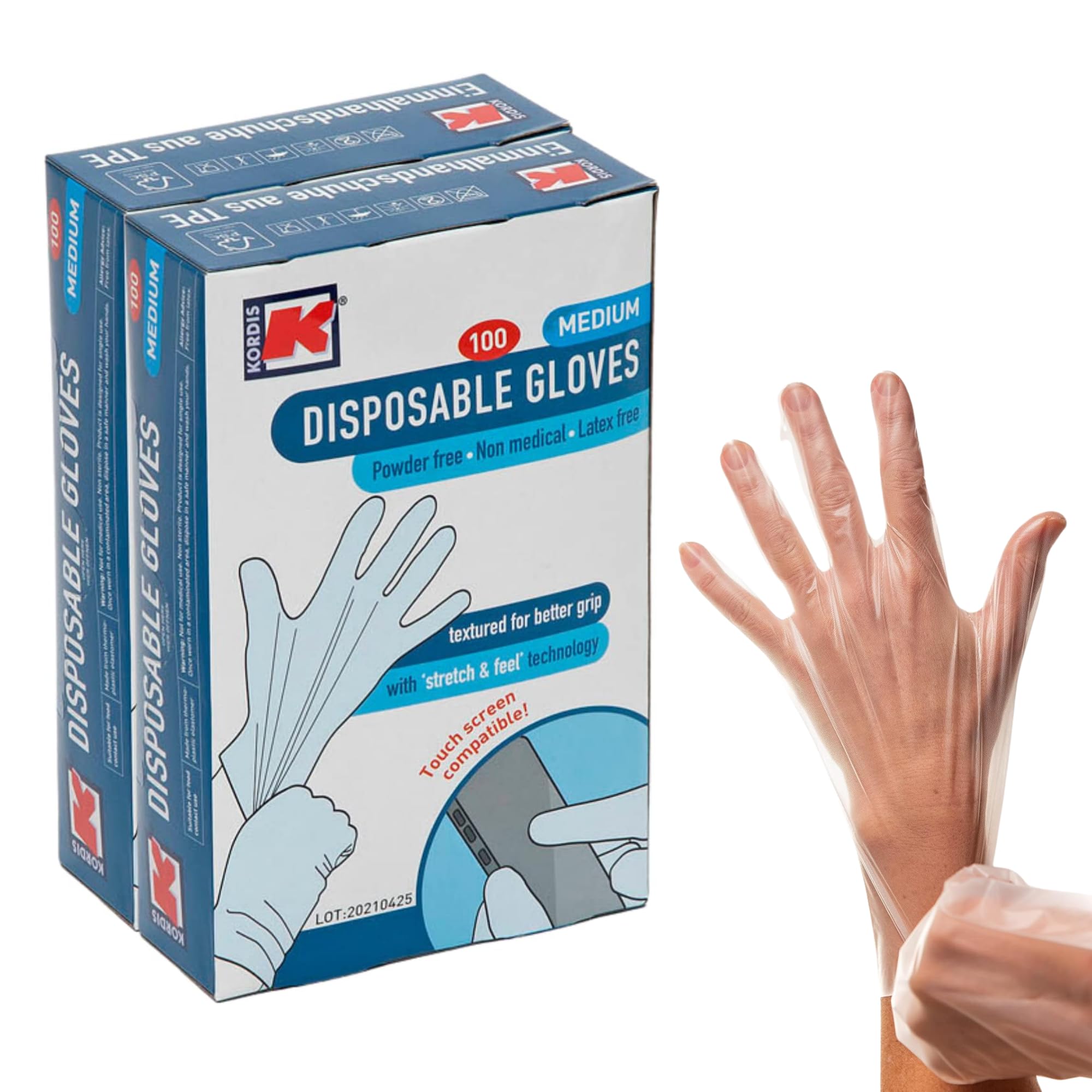 Kordis TPE Disposable Gloves- 2 x Box Of 100. Multi Purpose Single Use Gloves - Powder Free, Latex Free. Touch Screen Protective Hygiene Gloves, Total Glove Count 200. Clear, Medium Size.