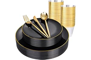 bUCLA 150PCS Black and Gold Plastic Plates - Black Gold Plastic Dinnerware Set Disposable - Include 25 Dinner / 25 Dessert Plates, 25 Knives, 25 Forks, 25 Spoons, 25 Cups, Ideal for Party & New Year
