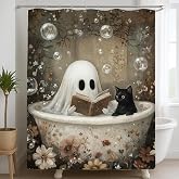 InIsaJace Halloween Ghost Shower Curtain, Ghost and Black Cat Gothic Bath Tub Curtain, Halloween Horror Funny Spooky Bathroom Decor(71 X 71 Inches)