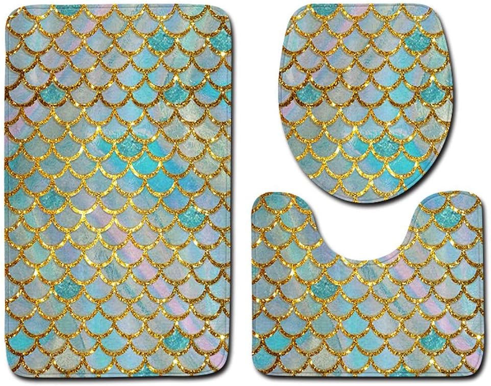 Watopi 3 Pcs/Set Creative Bath Mats, Fancy Fish Scale Mermaid Colourful Non Slip Bathroom Rugs Set Toilet Carpet Doormats Décor Pedestal Backing Non-slip Rubber Contour Toilet Lid Rug