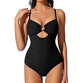 RXRXCOCO Womens One Piece Swimsuit Tummy Control Ribbed O-Ring Cutout Ruched Slimming Bathing Suits
