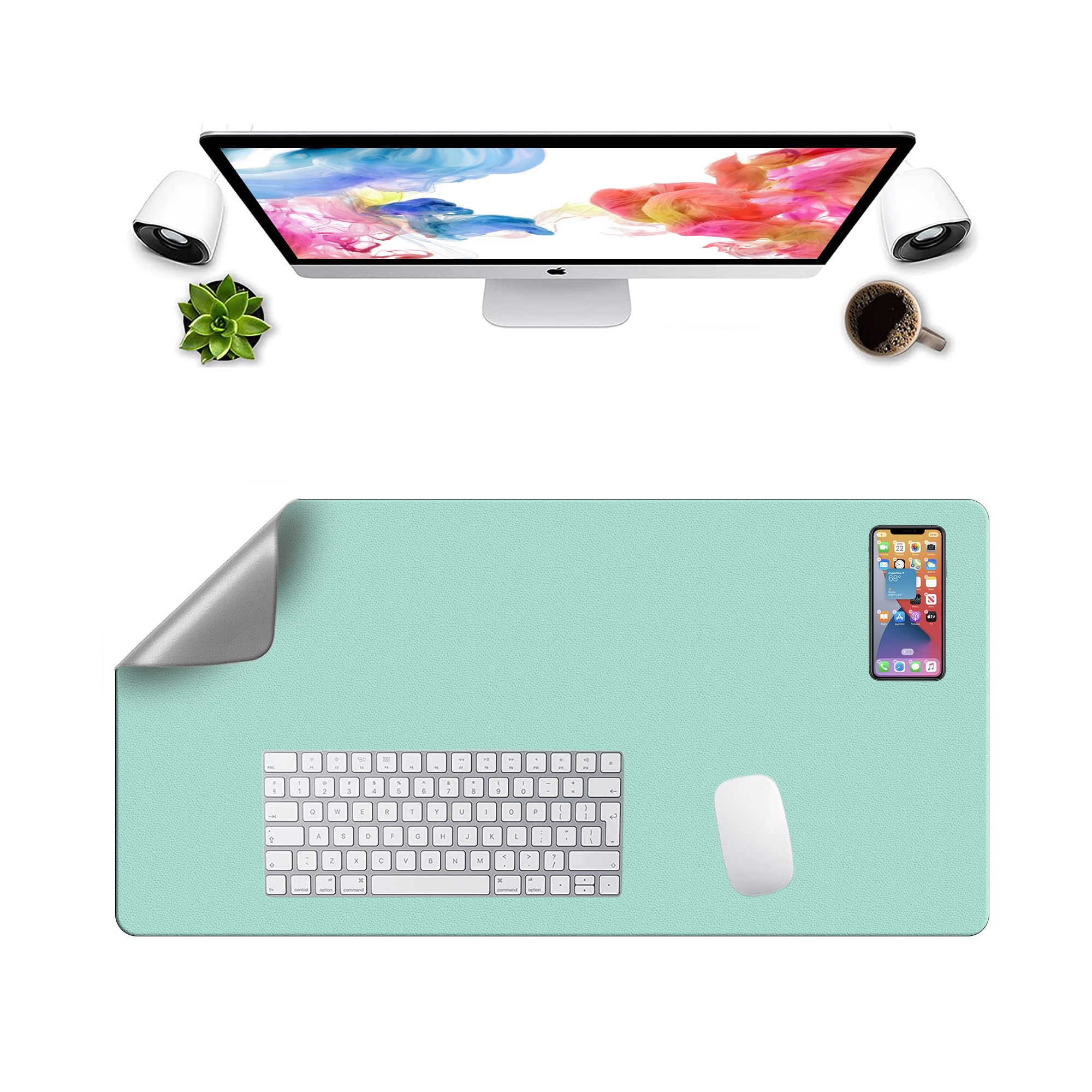 LL-COEUR Double Sided Leather Mouse Pad Multifunctional Keyboard Mat Waterproof Table Mat(800 x 400 x 2 mm, Mint Green + Gray)