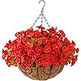 Homsunny Artificial Hanging Plants Flowers Basket,Faux Fake Silk Morning Glory Arrangement in 12 inch Planter Flowerpot for Patio Garden Porch Deck Outdoor Spring Decor(Rose red)