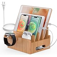 Bamboo Charging Station for Multiple Devices with 5 Port USB Charger, 5 Charger Cables,Watch and Earbud Stand; Pezin & Hulin 