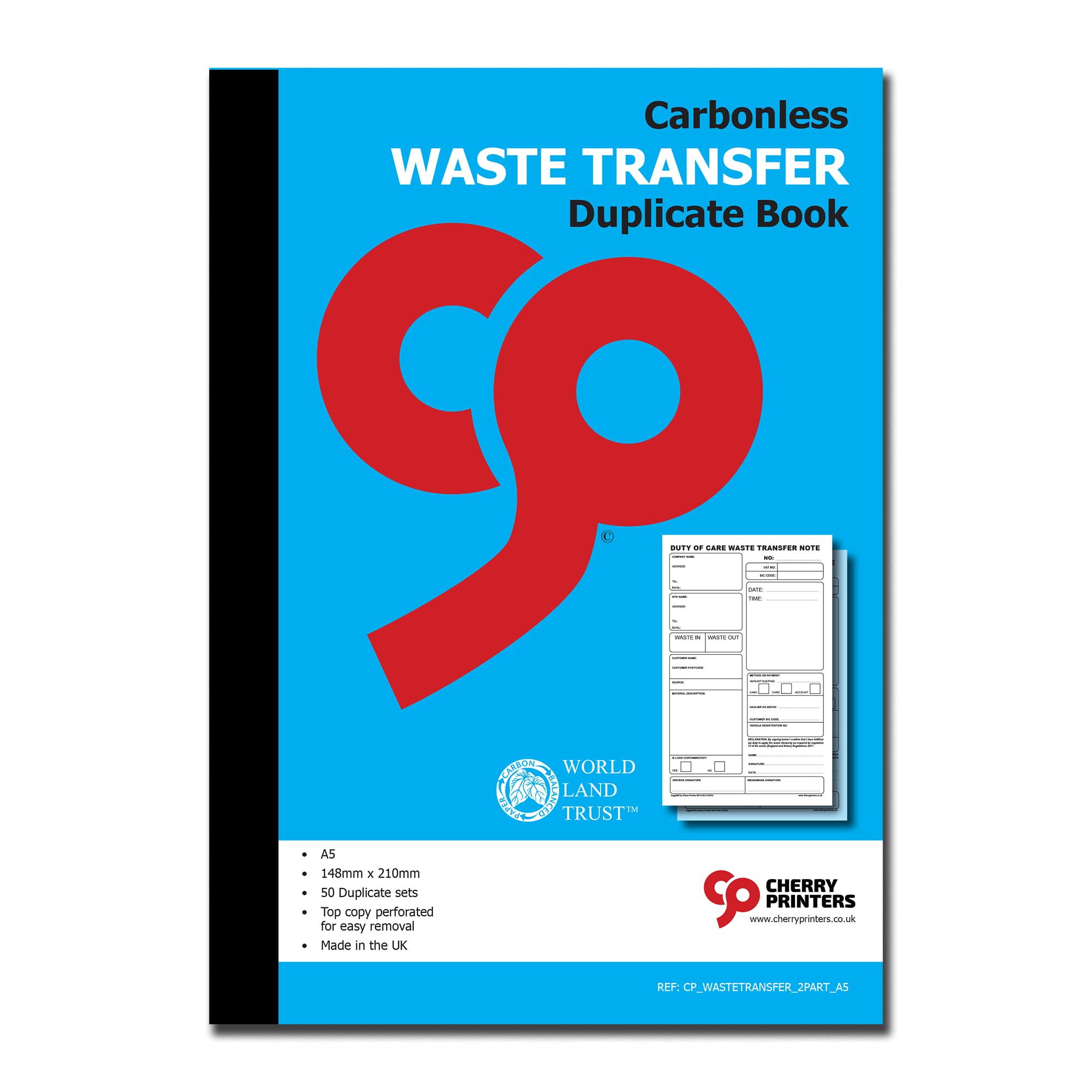 Cherry Carbonless Duty of Care Waste Transfer Duplicate Book A5 | 50 Duplicate Sets for Business Waste Records | Perforated for Easy Removal | Environmentally Compliant | Made in The UK