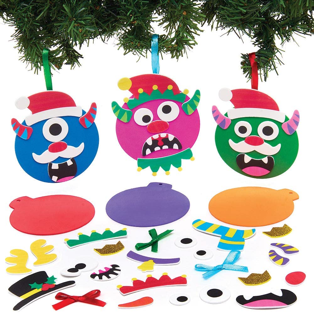 Baker Ross FX368 Monster Christmas Bauble Decoration Kits - Pack of 8, Kids Christmas Tree Decorations Craft Kit, Foam Arts and Crafts Christmas Decorations
