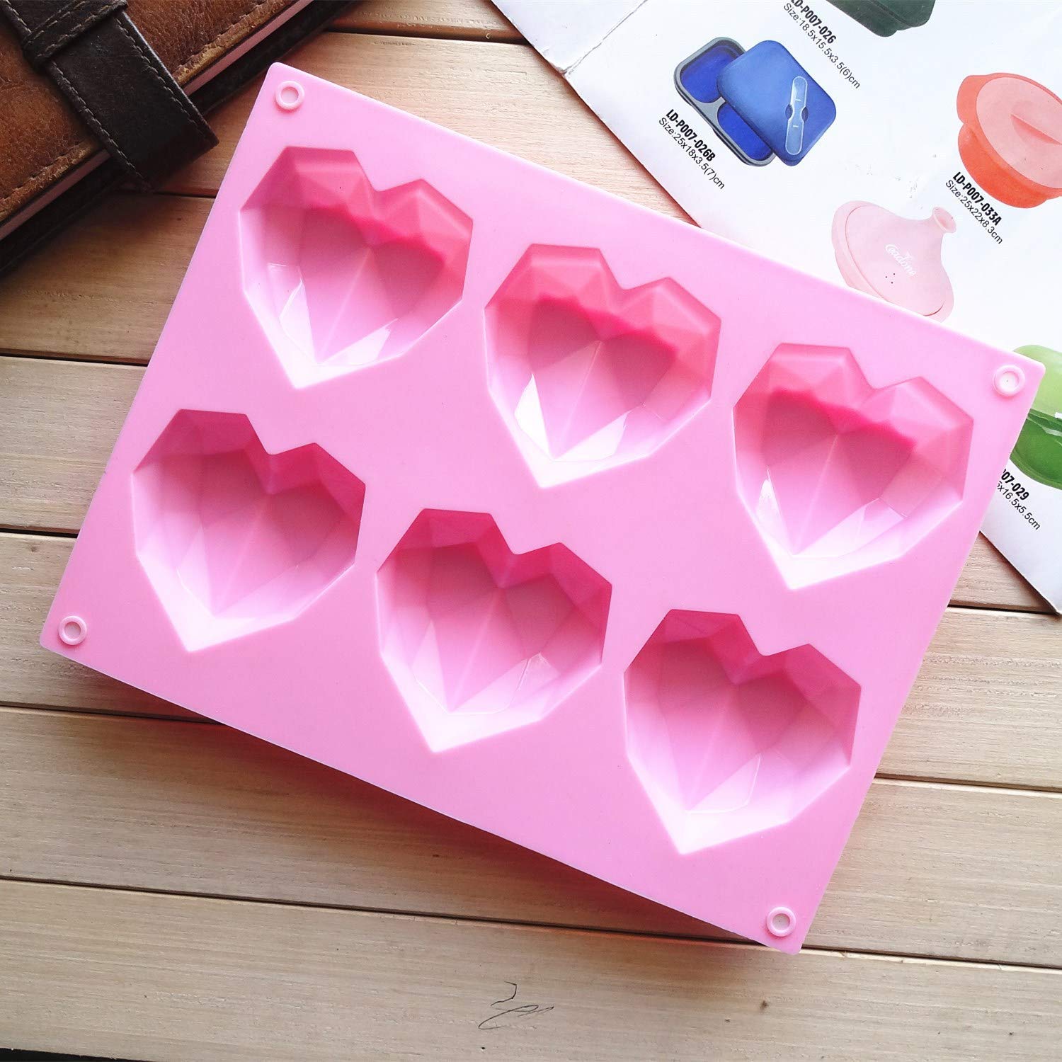 2 Pcs 3D Diamond Heart Silicone Mold for Chocolate, 6 Cavities Easy Demold Heart Shaped Mold Tray for Making Breakable Mousse, Cake, Chocolate, Cheesecake, Valentine's Day/Happy Birthday Gift.