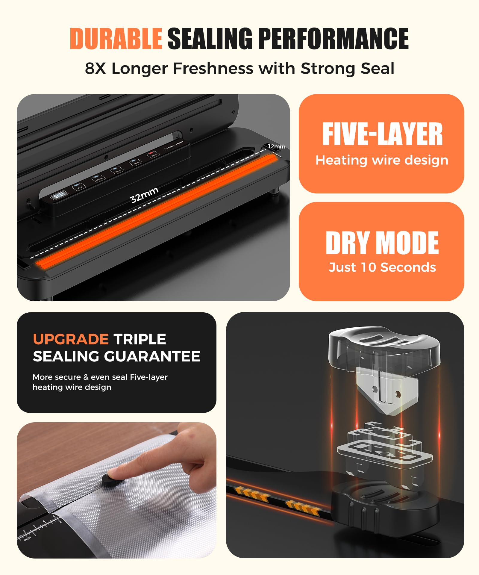 Vacuum Sealer Machine for Food Preservation, 6-in-1 Food Sealer for Freshness Storage, 75kpa Compact Vacuum Sealing Machine with External Sliding Blade, Digital Countdown Timer Titanium Black