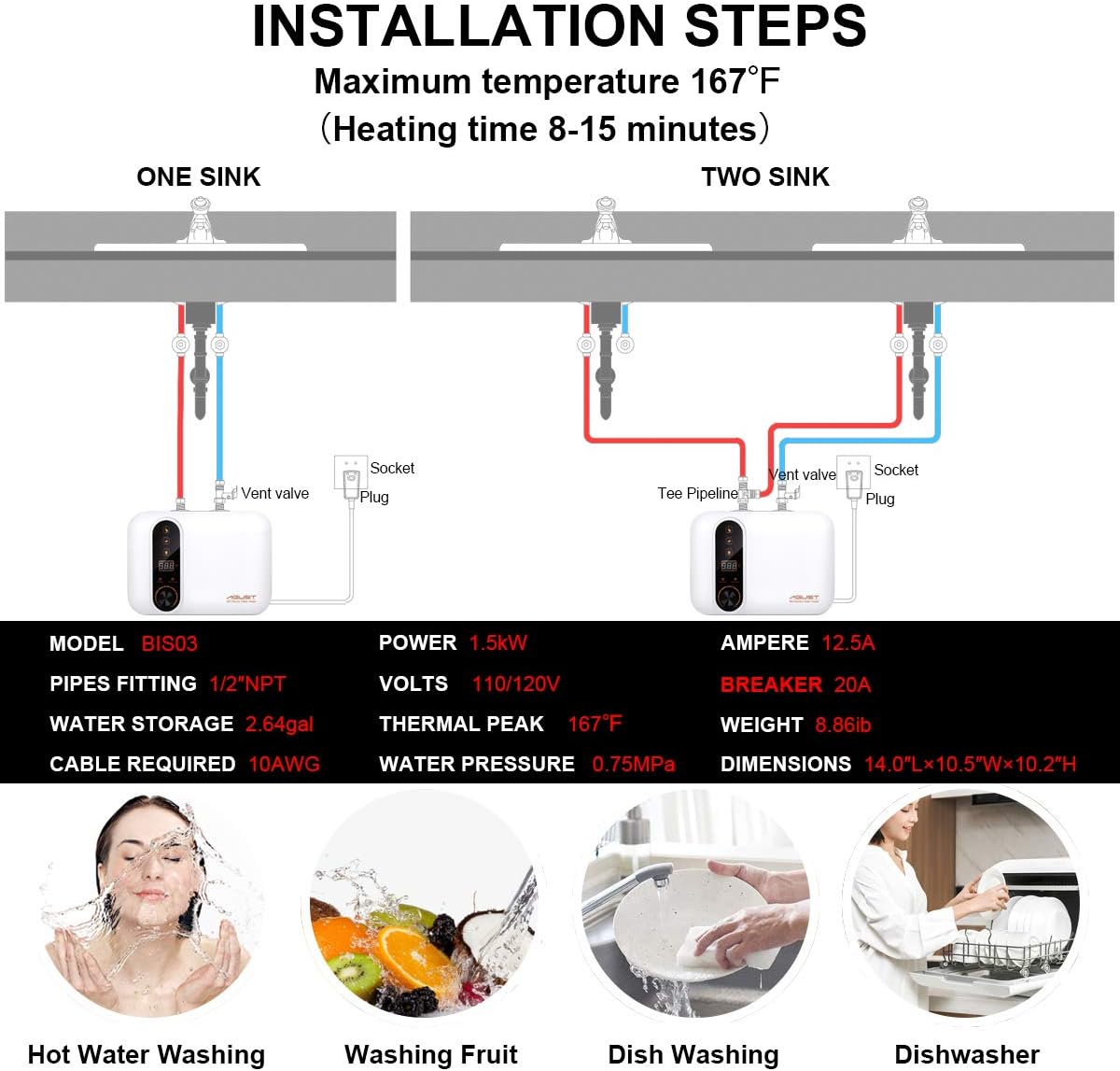 Electric Hot Water Heater 110-120V Compact Mini-Tank Storage, Small Output 2.5-3.0 Gallon, 1.5KW Kitchen Instant Under Sink Point-of-Use, 2 PCs 16” Long 1/2”FIP Stainless Steel Water Hoses, GFCI Plug - - 