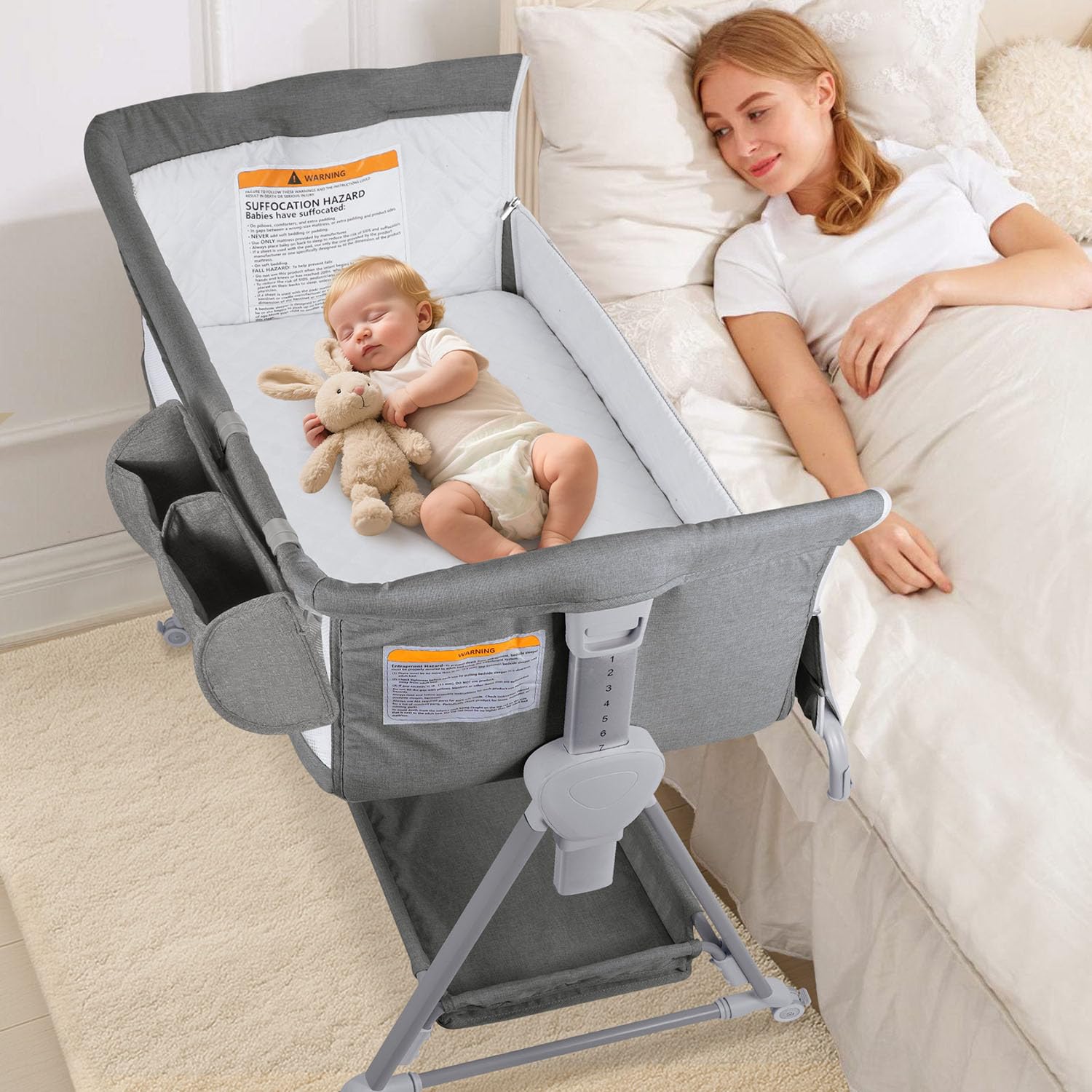 Photo 1 of BIERUM Baby Bassinet for Baby - 7 Height Adjustable Bedside Bassinet with Lockable Wheels, Easy to Assemble Portable Bedside Crib with Large Storage Bag & Mattress for Newborn/Infant