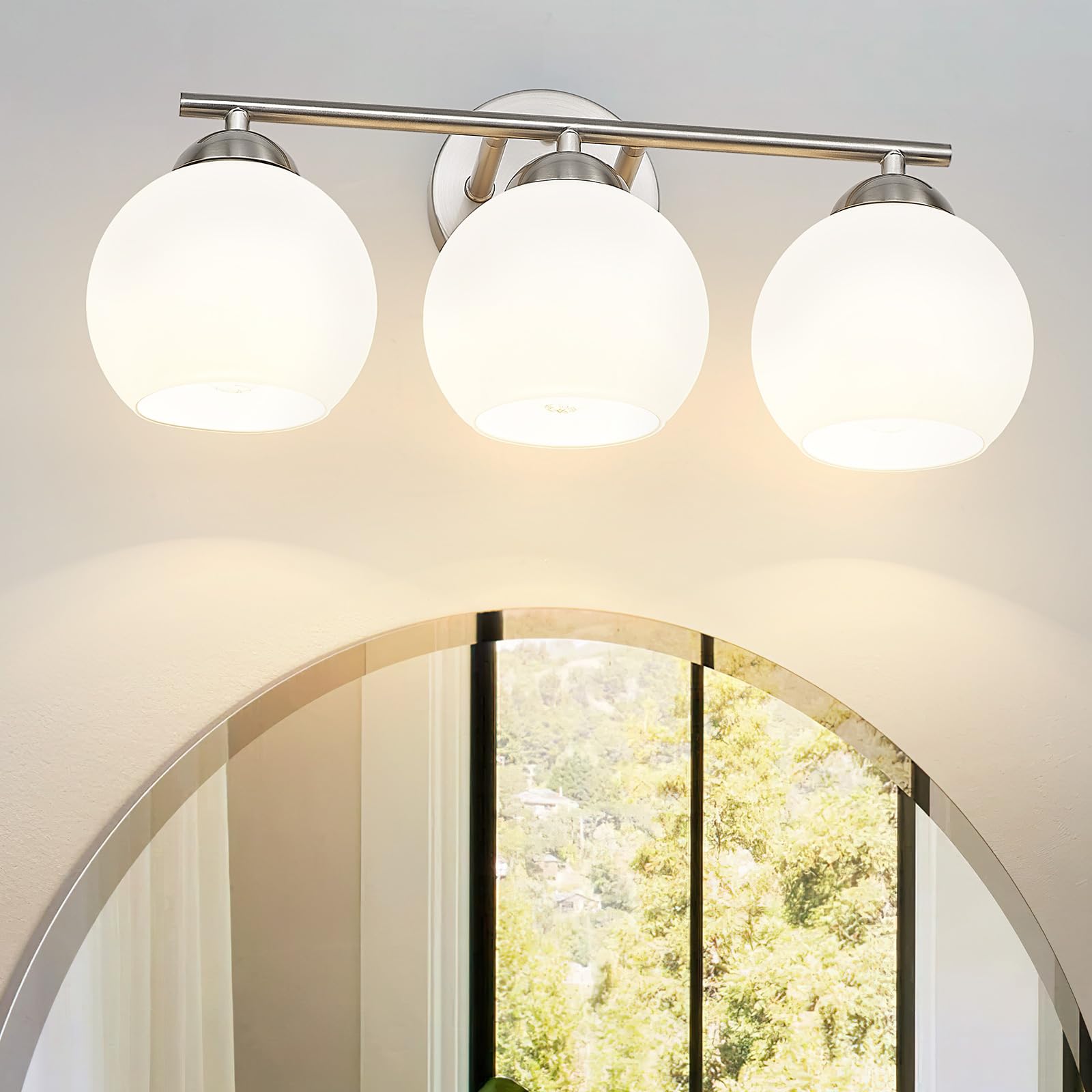 Photo 1 of Emak Brushed Nickel Vanity Lights, 3-Light Bathroom Light Fixtures, Globe Vanity Light with Milk Glass Shade, VL114-BN-ML-3