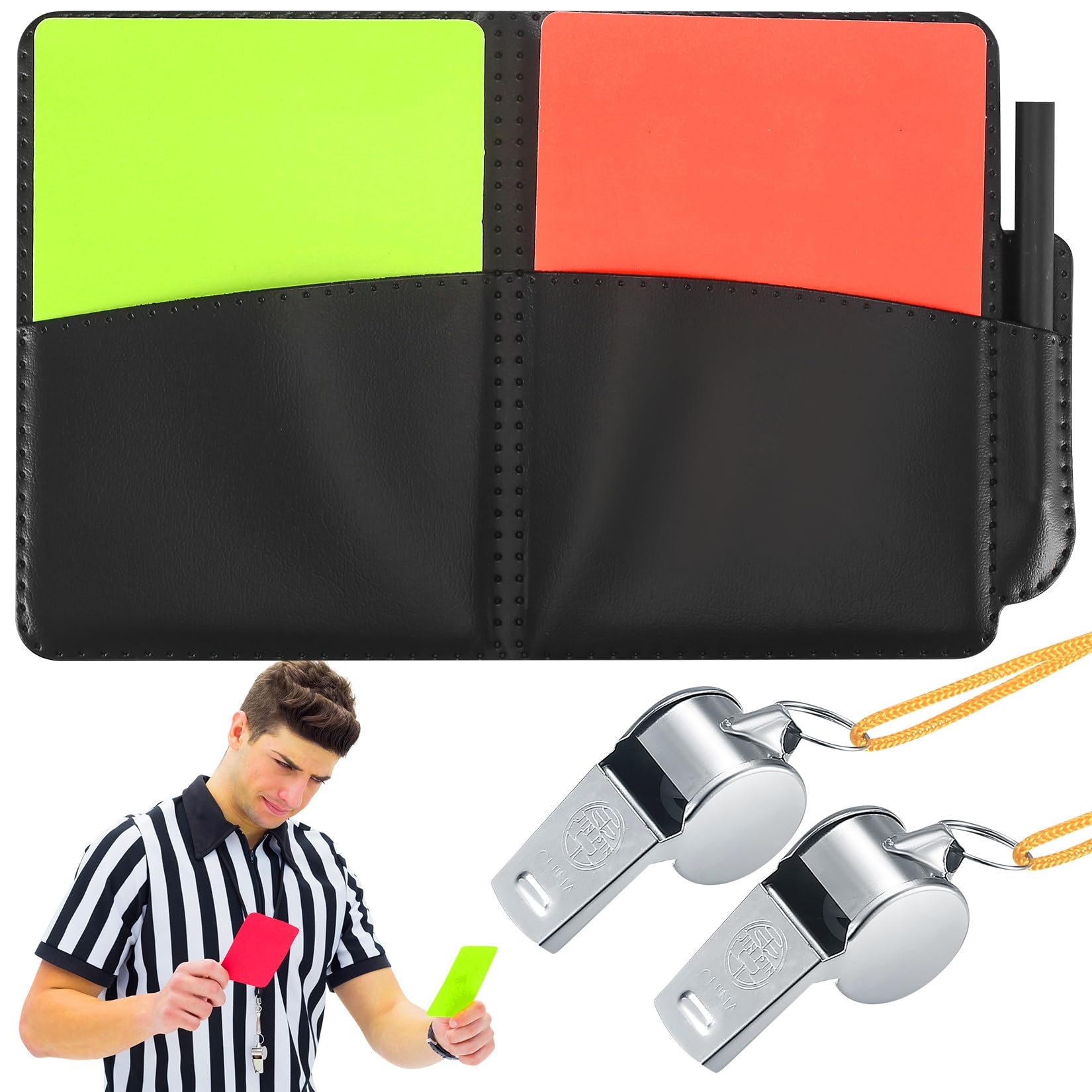 Referee Cards Set, Football Referee Red and Yellow Cards with Metal Coaches Whistle with Lanyard, Wallet Score Sheets, Pencil Accessories, for Sports, Football, Soccer, Basketball Game, Referee Set