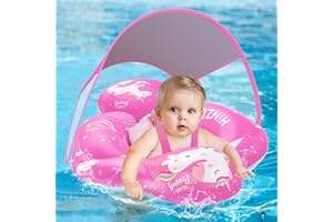 HINZER Baby Swimming Pool Floats with Canopy Inflatable Infant Pool Float UPF 50+UV Sun Protection and Anti-flip Tail for 3-36 Months Kids Swim Ring Water Toys Summer Pool Toys for Boys Girls