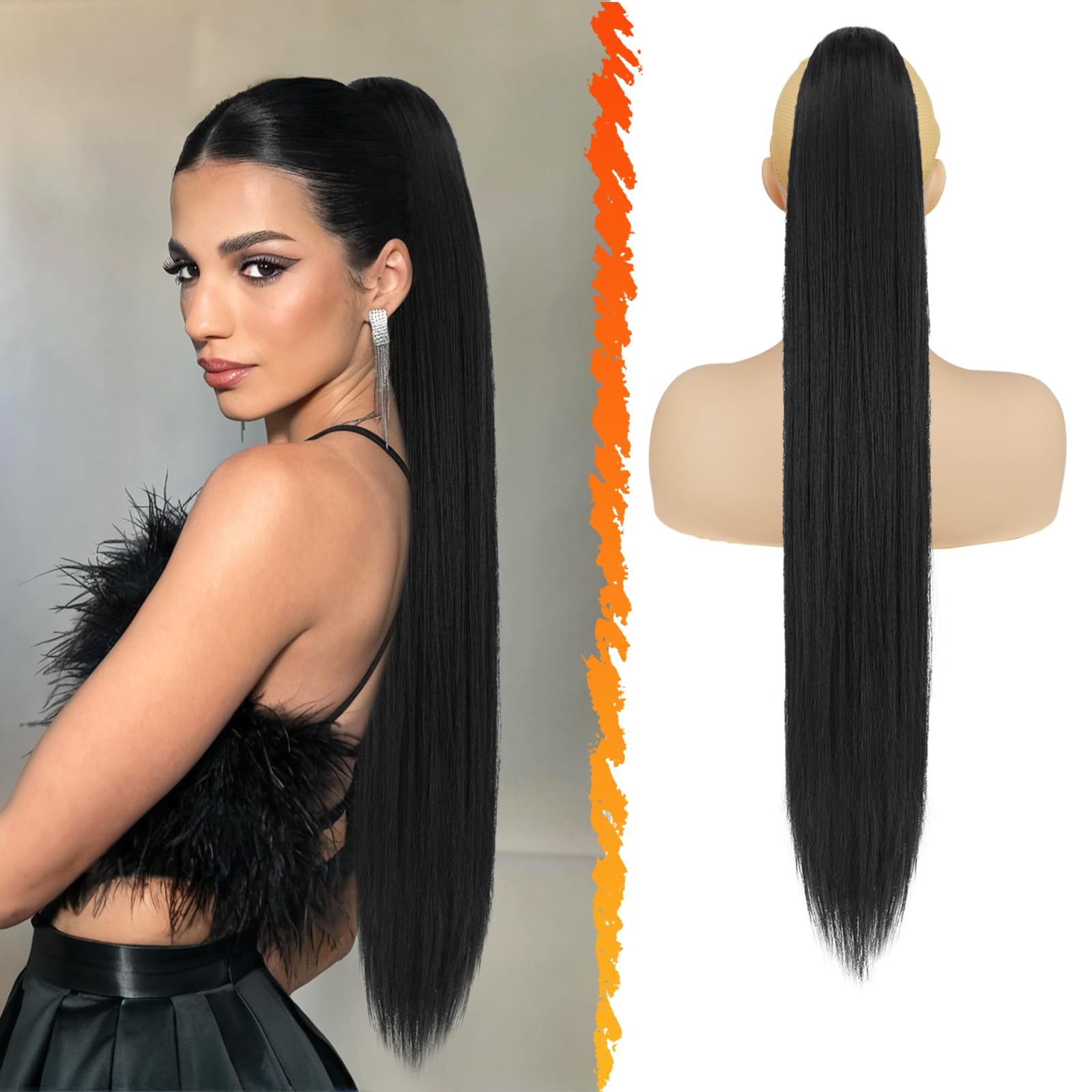 BARSDAR Black Ponytail Extension, 30 Inch Long Straight Drawstring Ponytail Hair Extensions Synthetic Fake Pony Tails Hairpieces Clip in Ponytail Extension for Women Girls Daily- Jet Black