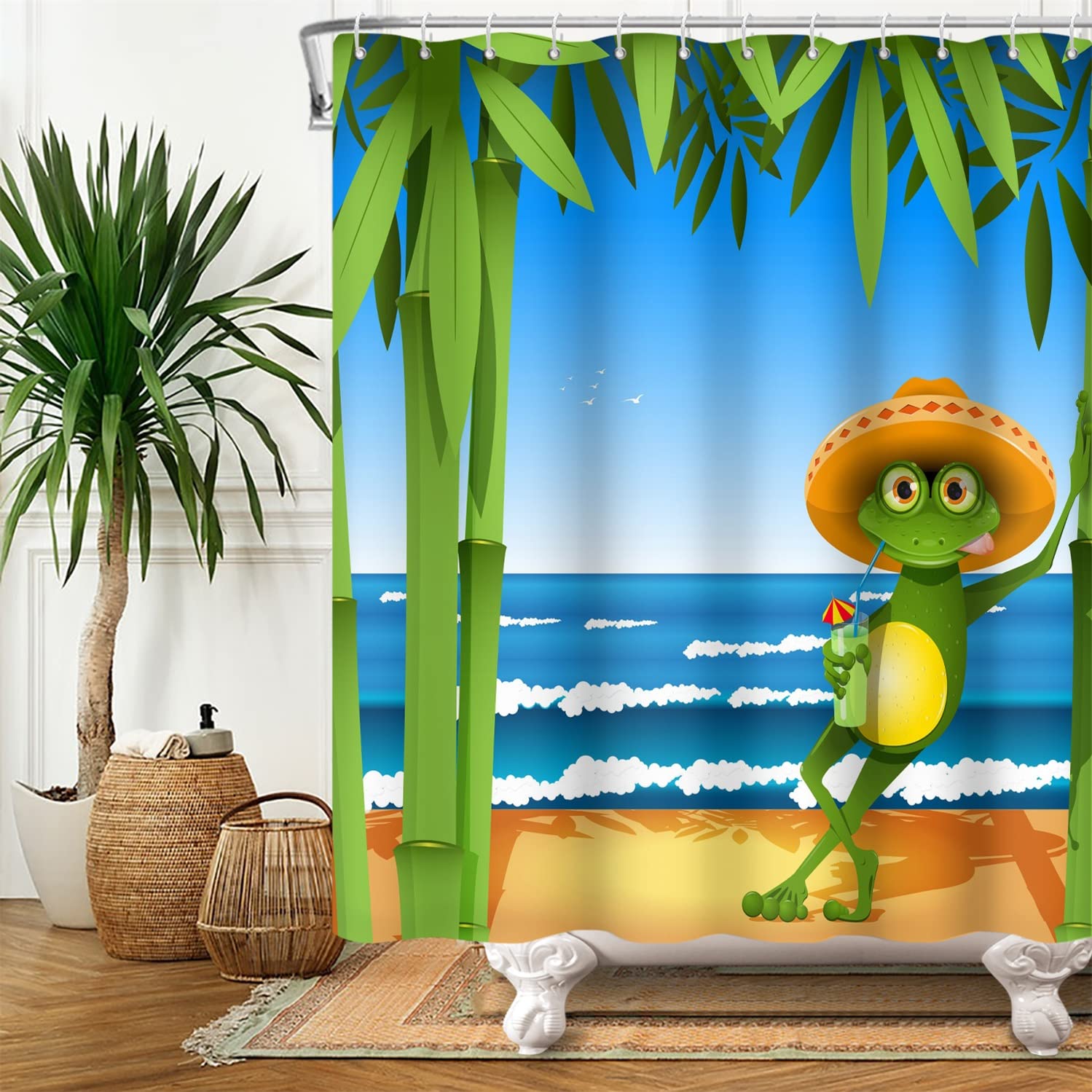 SDOTPMT 105x160cm Cartoon Frog Shower Curtain Cute Funny Frog with Hat Summer Beach Bamboo Green Leaves Bath Curtain Blue Ocean Wave Bathtub Curtain for Kids Bathroom Fabric Polyester with Hooks