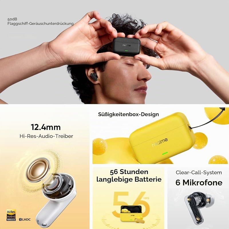 Buds T500 Pro kopfhörer kabellos Bluetooth mit 50dB ANC, Hi-Res Sound, Bluetooth 6.1, IP55, 6-Mikrofon, MindFlow Modus & Candy Design für Alltag, Gelb
