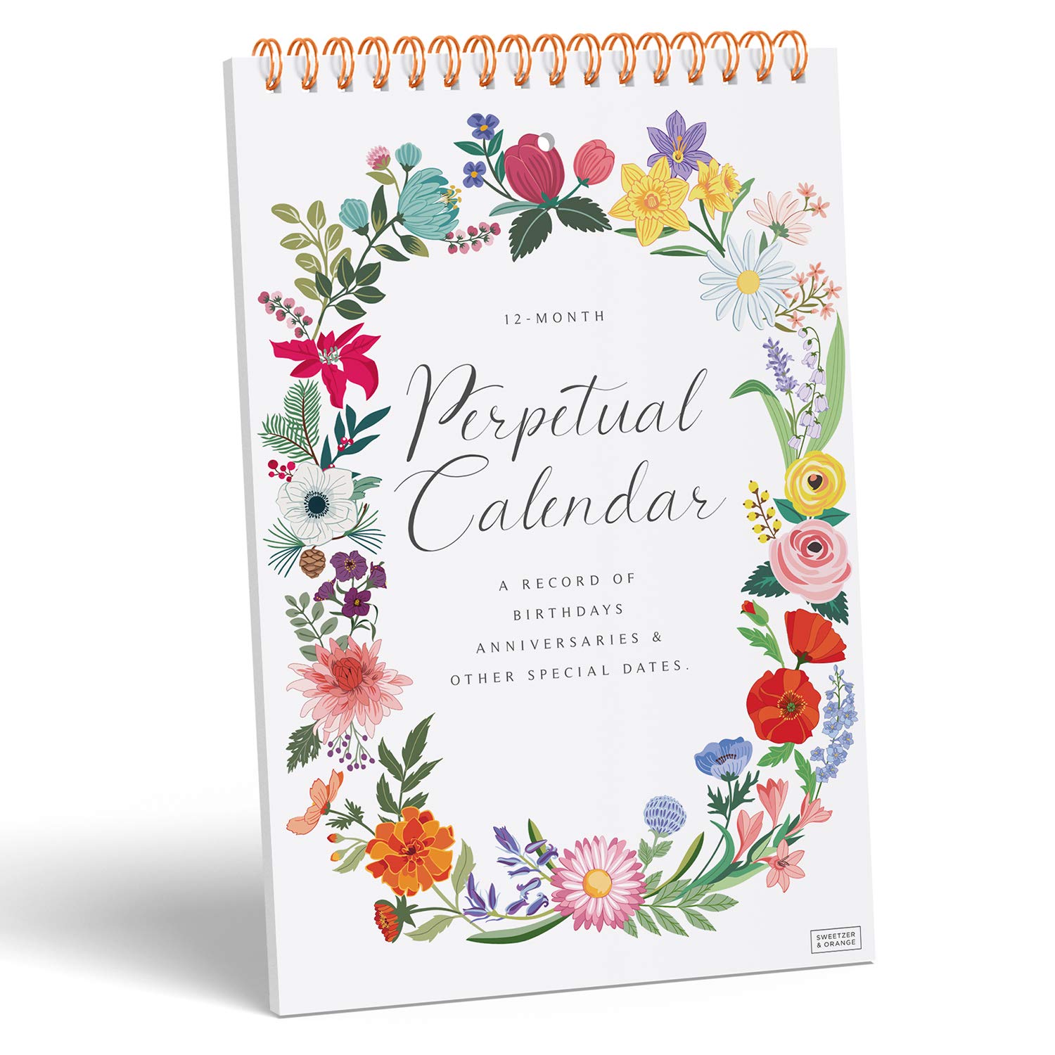 Sweetzer & Orange Perpetual Calendar. 12 Month Office or Family Wall Timetable. 6x9” Floral Flip Scheduler Design. Timeless Birthday Calendar Wall Hanging, Anniversary Chart and Monthly Planner
