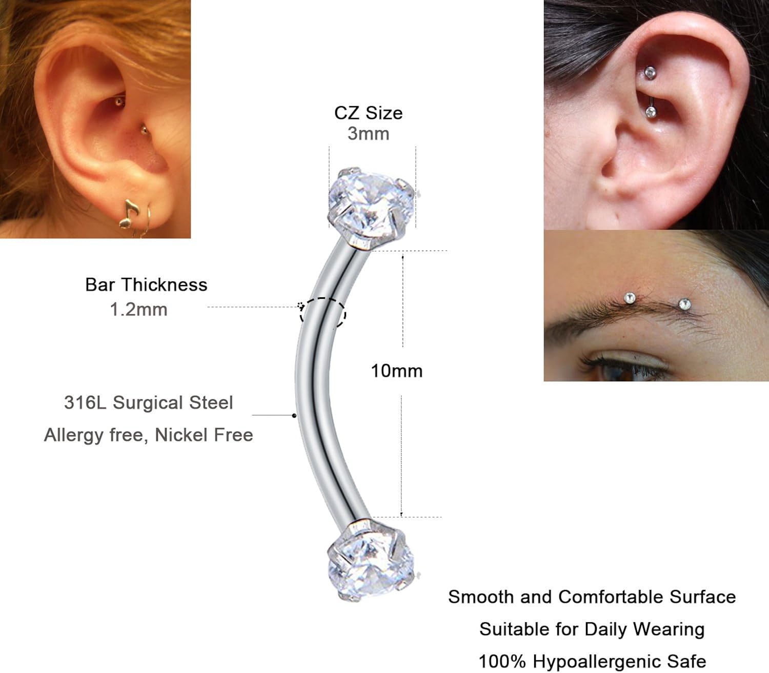 MODRSA Stainless Steel 16G Curved Barbell Piercing Lip Eyebrow Belly Rings Helix Tragus Daith Earrings Piercing 6PCS - Image 4
