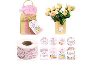 TREACLUB 600PCS Happy Mother's Day Gift Tags and Stickers, 4 Styles Floral Hanging Labels with String 500PCS 1.5” Adhesive Labels for Mother's Day Business Personal Decorative Gift Wrapping