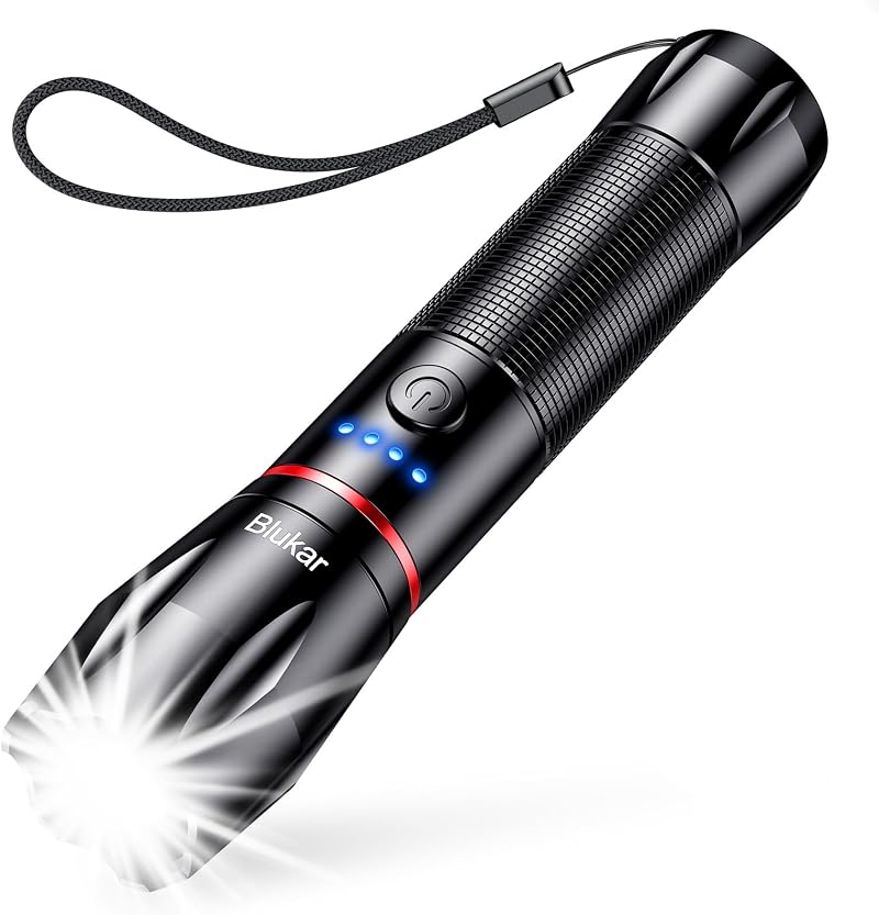 Blukar LED Torch Rechargeable 5 Modes Zoomable USB C 1800mAh Black