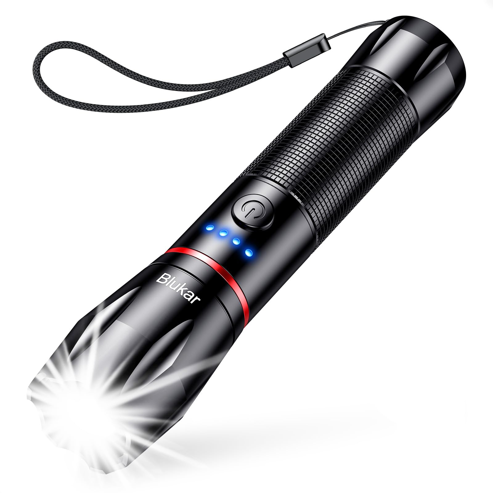 Blukar ​LED Torch Rechargeable, Super Bright Flashlight with 5 Modes, Adjustable Focus, Water Resistant, Lightweight Handheld Torch for Camping, Running, Dog Walking, Power Cut, Emergency etc-Black
