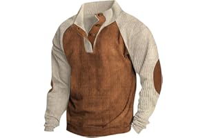 HXHYQKP Men Sweater with Elbow Patches Mens Corduroy Shirt Stand Collar Button Up Pullover Long Sleeve Sweatshirts