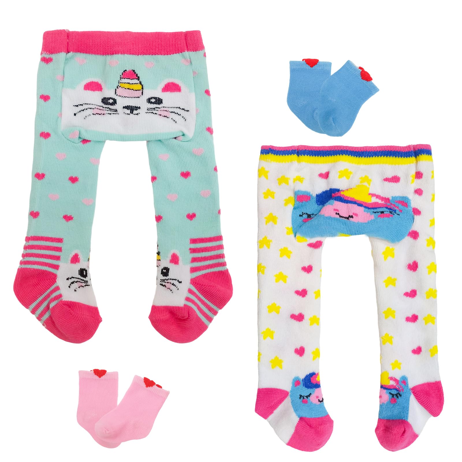 Xerteam 2 Pack Doll Tights Set, 2 Socks (Blue+White), 2 Pairs Doll Socks (Blue+Pink), for 16-18 Inch Baby Dolls, Cute Doll Accessories with Animal Pattern, Doll Clothes Accessories for Kids Gift