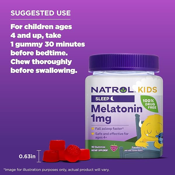 NATROL KIDS MELATONIN GUMMIES 1MG, CHILDREN’S MELATONIN FOR RESTFUL SLEEP, 90 RASPBERRY-FLAVORED SLEEP GUMMIES, 90 DAY SUPPLY