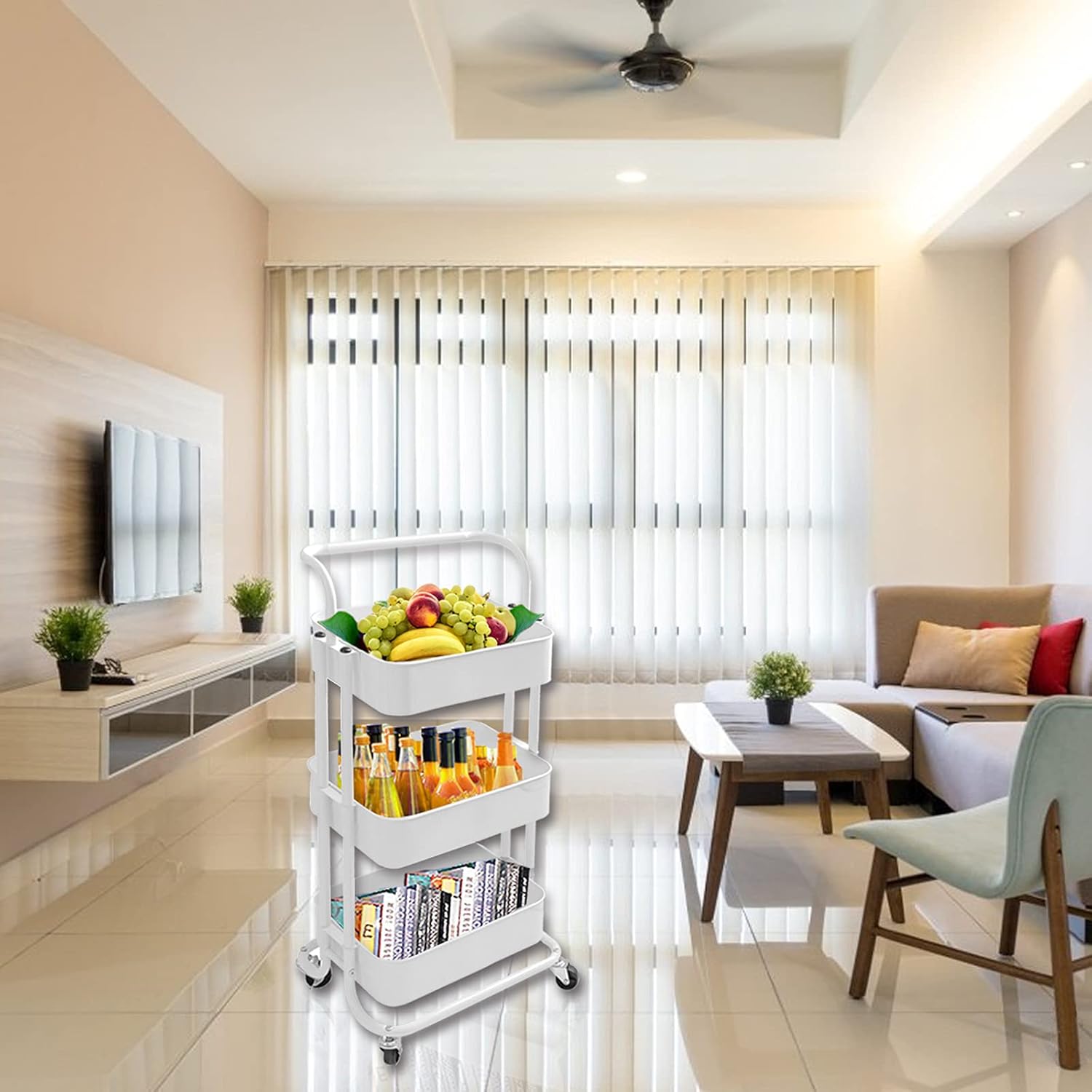 DOSURBAN 3 Tier Rolling Utility Cart with Wheels, Multifunctional Metal Storage Organizer Shelves with Mesh Baskets and Handle, Rolling Trolley Service Cart for Salon, Kitchen, Office, Bathroom: Kitchen & Dining