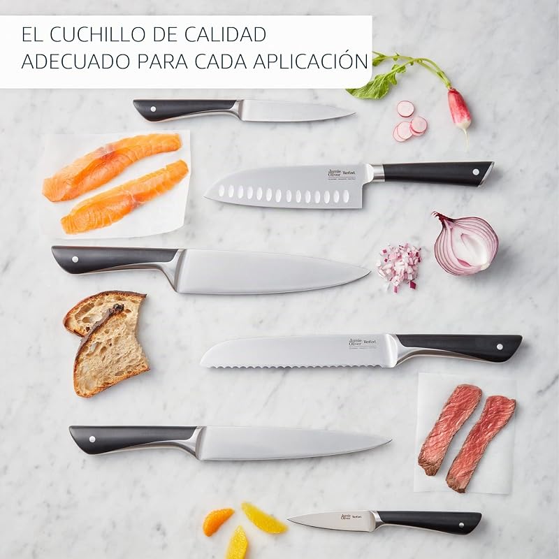 Jamie Oliver by K26715 - Cuchillo Santoku (16,5 cm, alto rendimiento de corte, diseño distintivo, cuchillas resistentes y duraderas, acero inoxidable), color negro