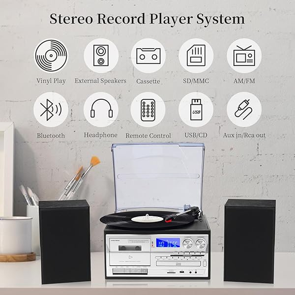 MUSITREND 10 IN 1 RECORD PLAYER WITH EXTERNAL SPEAKERS, 3 SPEEDTURNTABLE WITH AM/FM RADIO, CD & CASSETTE PLAYER, BLUETOOTH, USB/SD PLAYBACK, REMOTE CONTROL, BLACK