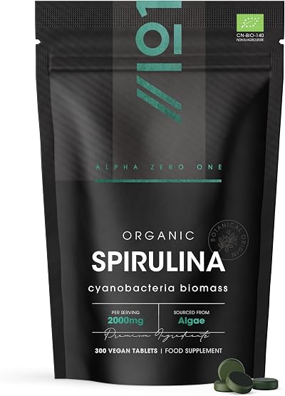 Alpha01 Organic Spirulina 2000mg 300 Vegan Tablets – No Additives