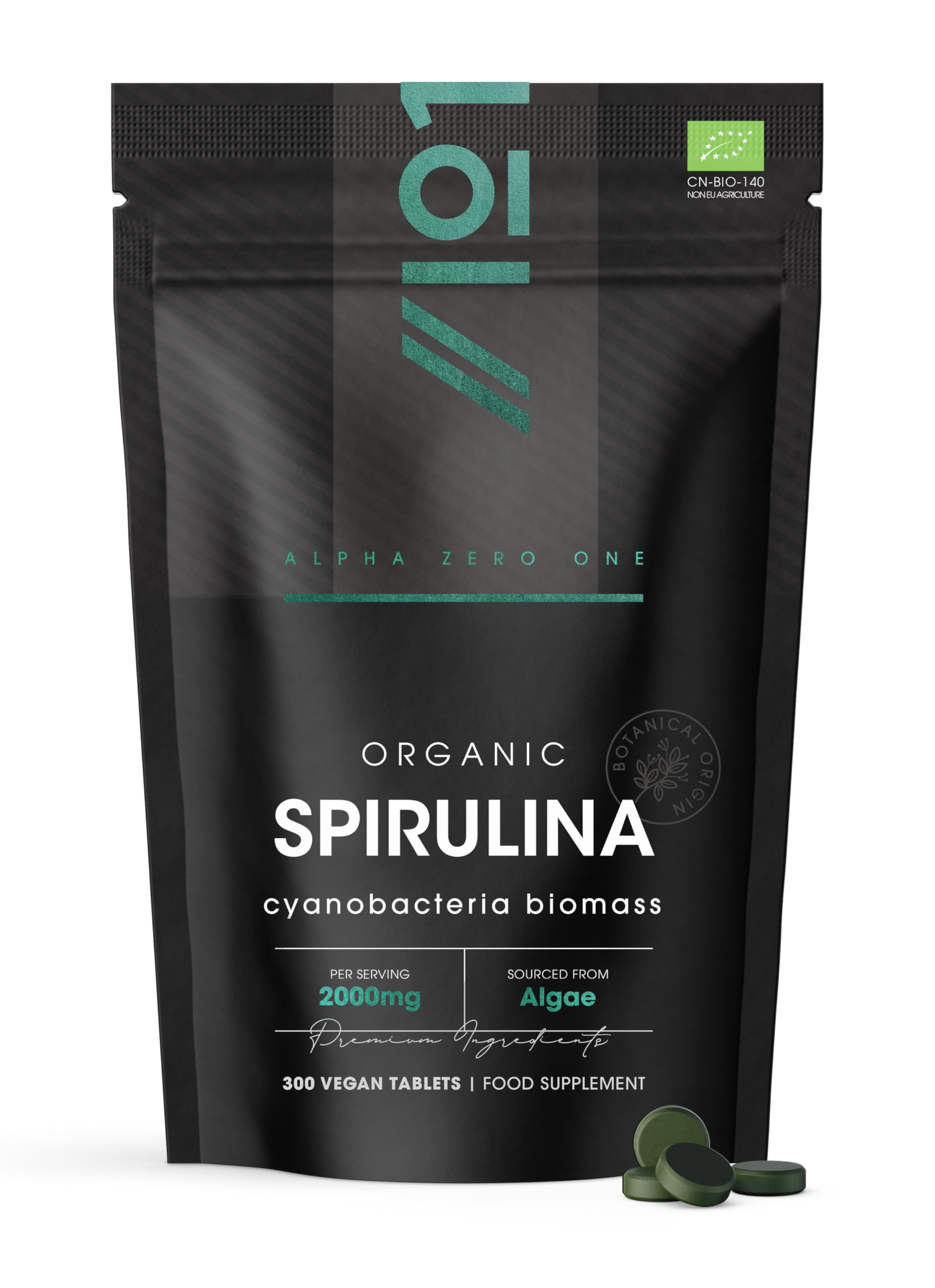 Organic Spirulina 2000mg โ 300 Vegan Tablets - Cold Pressed with No Additives โ Resealable and Recyclable Pouch by Alpha01