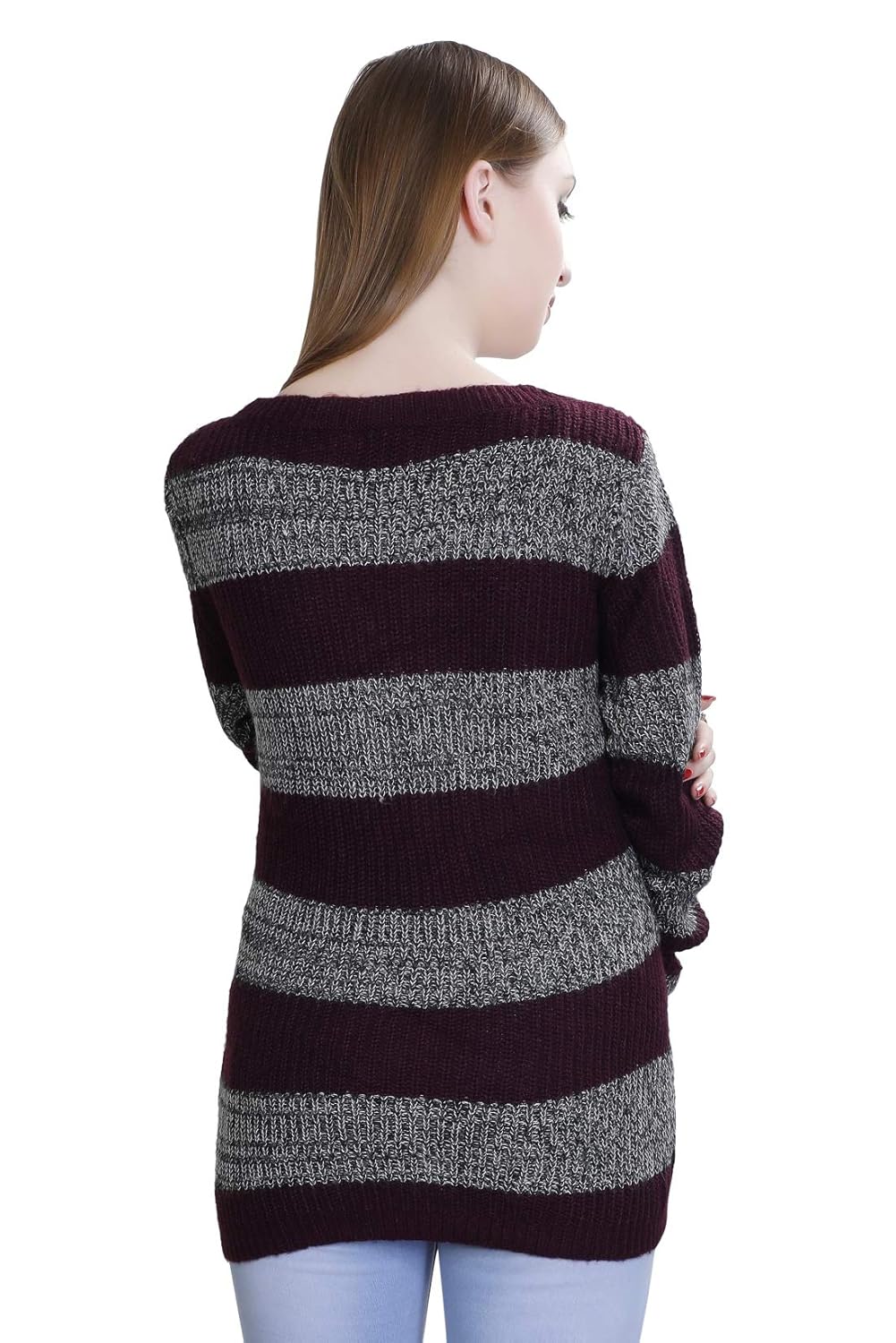 oleta- women's acrylic striped sweater/pullover with round neck purple
