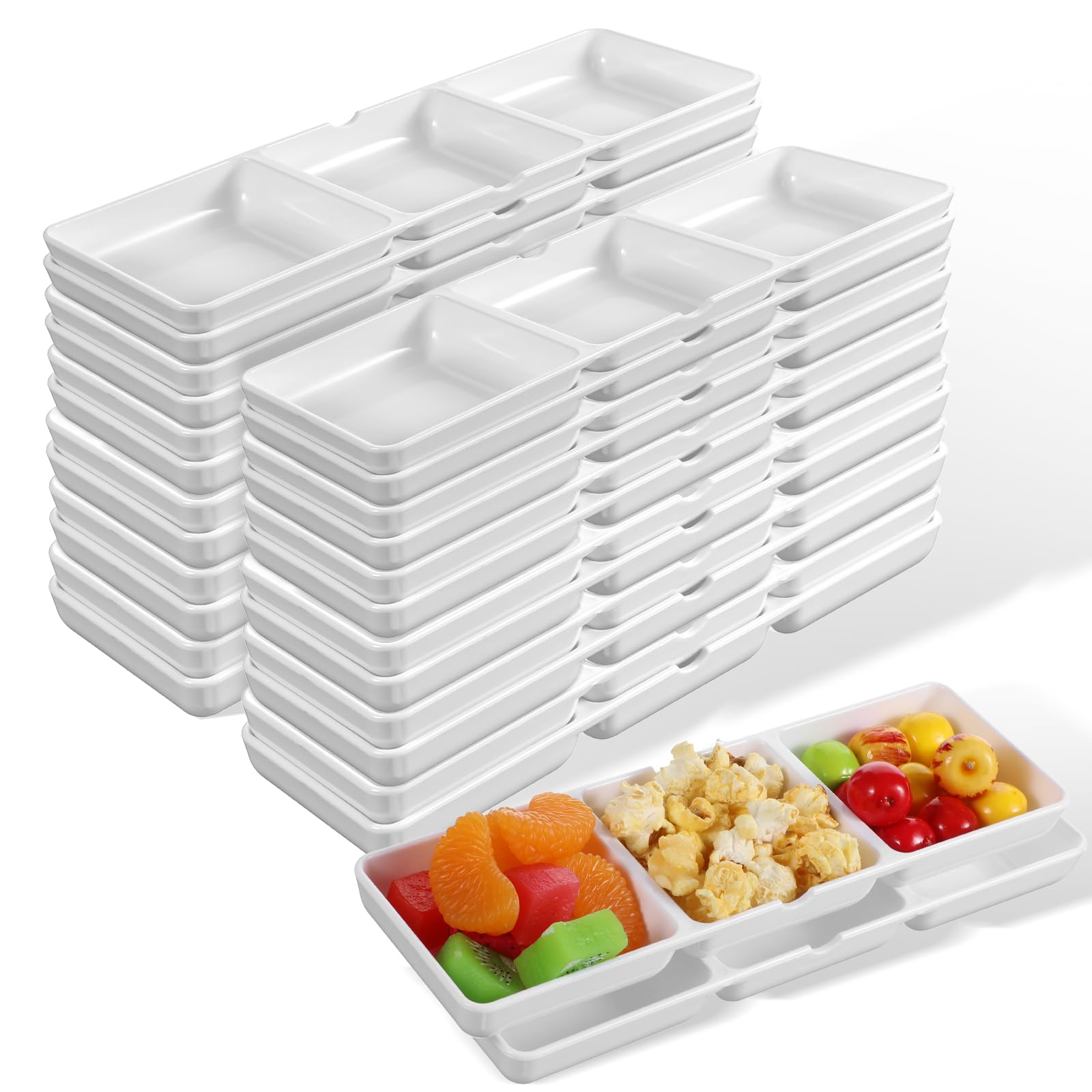 Photo 1 of 24 Pcs 3 Compartment Appetizer Serving Tray Plastic 3 Section Dessert Platters Rectangular Divided Plate White Compartment Serving Dishes Dipping Sauces Dinner Kitchen (8.7 x 2.8 Inch)